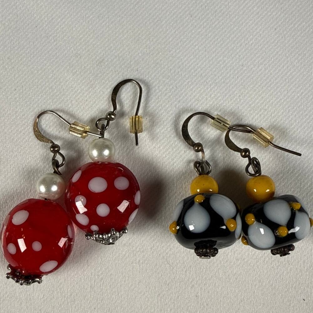 Polka Dot Glass Bead Dangle Earrings Colorful Retro Statement Set Artsy Jewelry